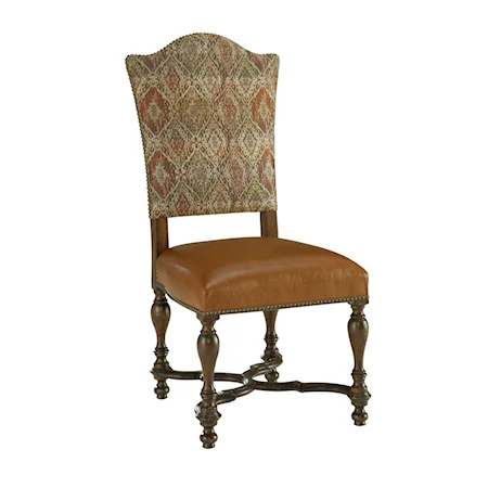 Upholstered Dining Side Chair with Serpentine X Stretcher and Turned Legs